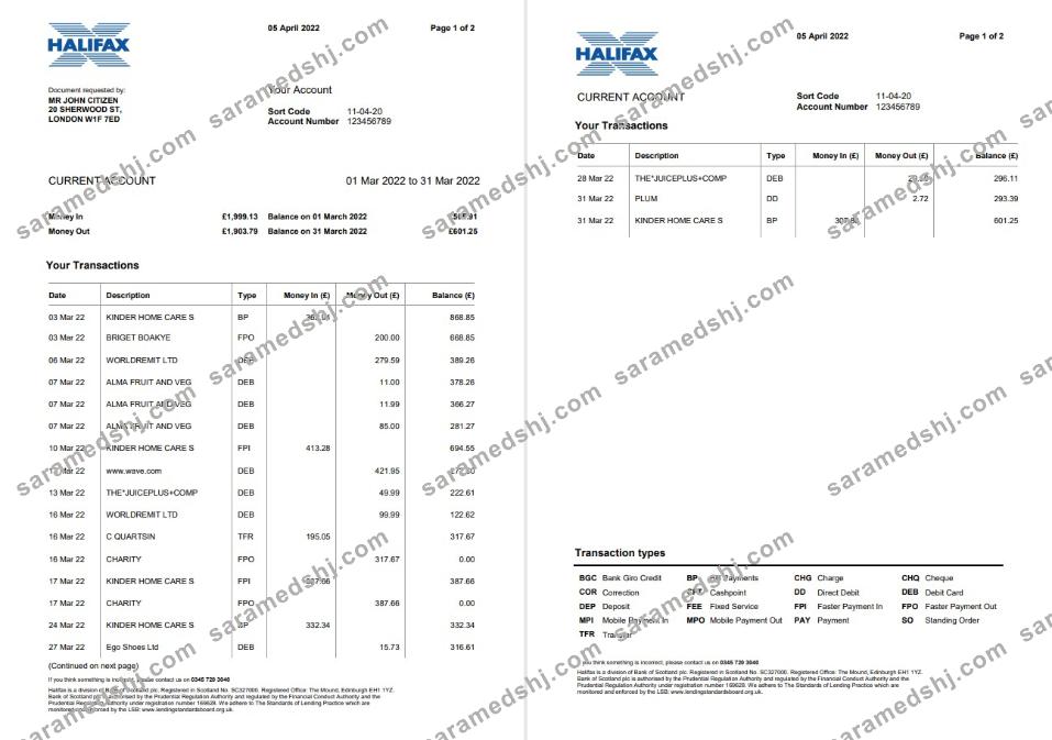 United Kingdom Halifax bank statement Word and PDF template, 2 pages, version 2